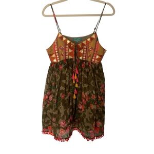 Antica Santonria Small Camo Floral Embroidered Embellished Tassel Pom Mini Dress